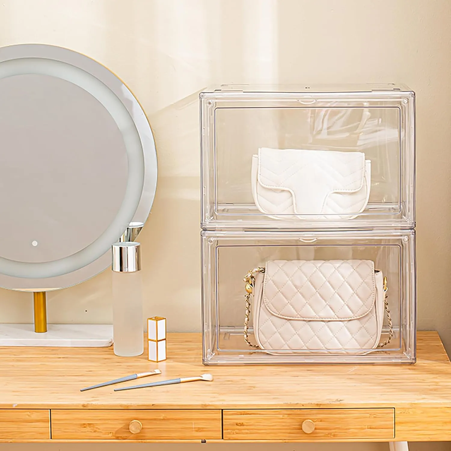 2 Pack Acrylic Shoe Box, Clear Shoe Storage Boxes Stackable US Size 14, Large Clear Shoe Organizer With Magnetic Door for Closet Cabinet Sneaker Hat Handbag