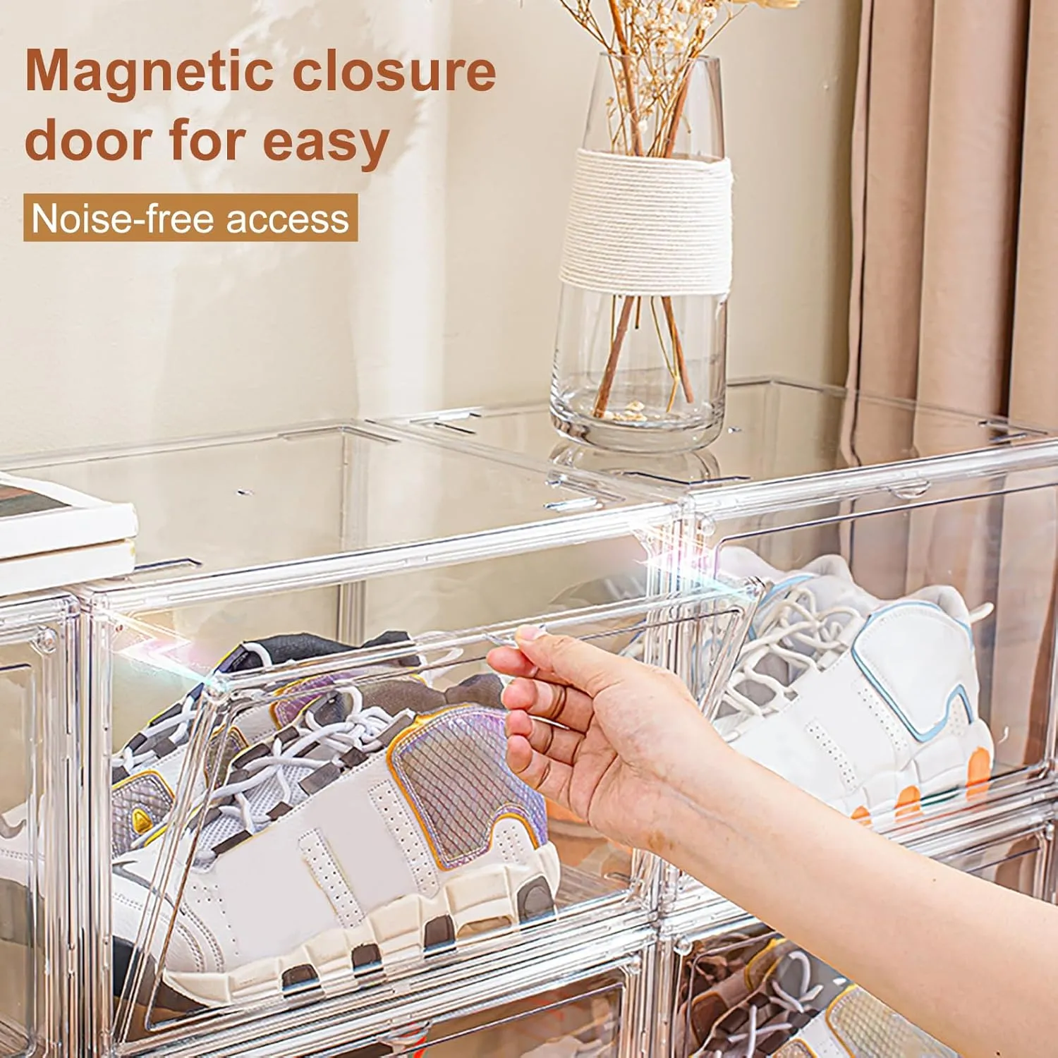 2 Pack Acrylic Shoe Box, Clear Shoe Storage Boxes Stackable US Size 14, Large Clear Shoe Organizer With Magnetic Door for Closet Cabinet Sneaker Hat Handbag