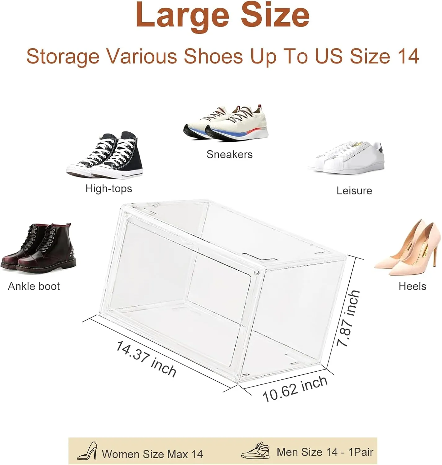 2 Pack Acrylic Shoe Box, Clear Shoe Storage Boxes Stackable US Size 14, Large Clear Shoe Organizer With Magnetic Door for Closet Cabinet Sneaker Hat Handbag