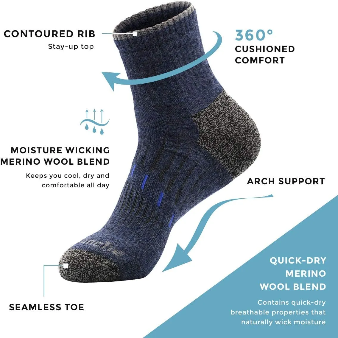 Avalanche Men's Quick Drying Merino Wool Blend Crew Socks With Arch Support 2-Pack