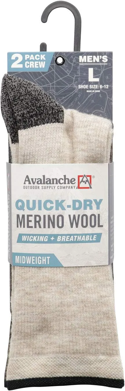 Avalanche Men's Quick Drying Merino Wool Blend Crew Socks With Arch Support 2-Pack