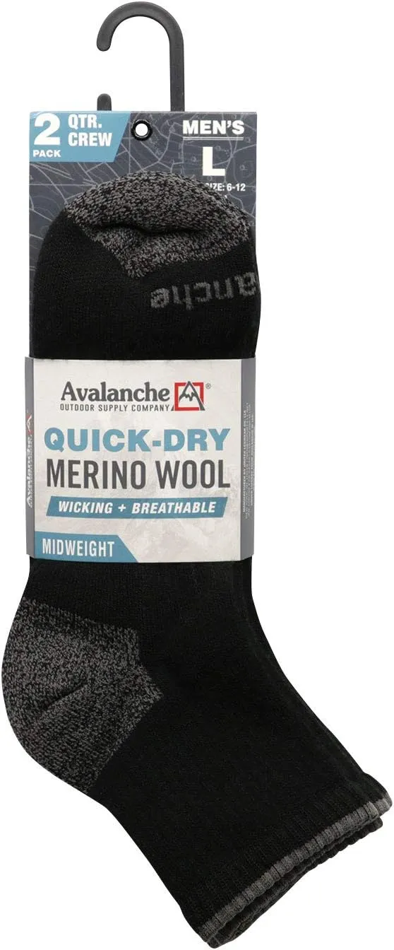 Avalanche Men's Quick Drying Merino Wool Blend Quarter Socks With Arch Support 2-Pack