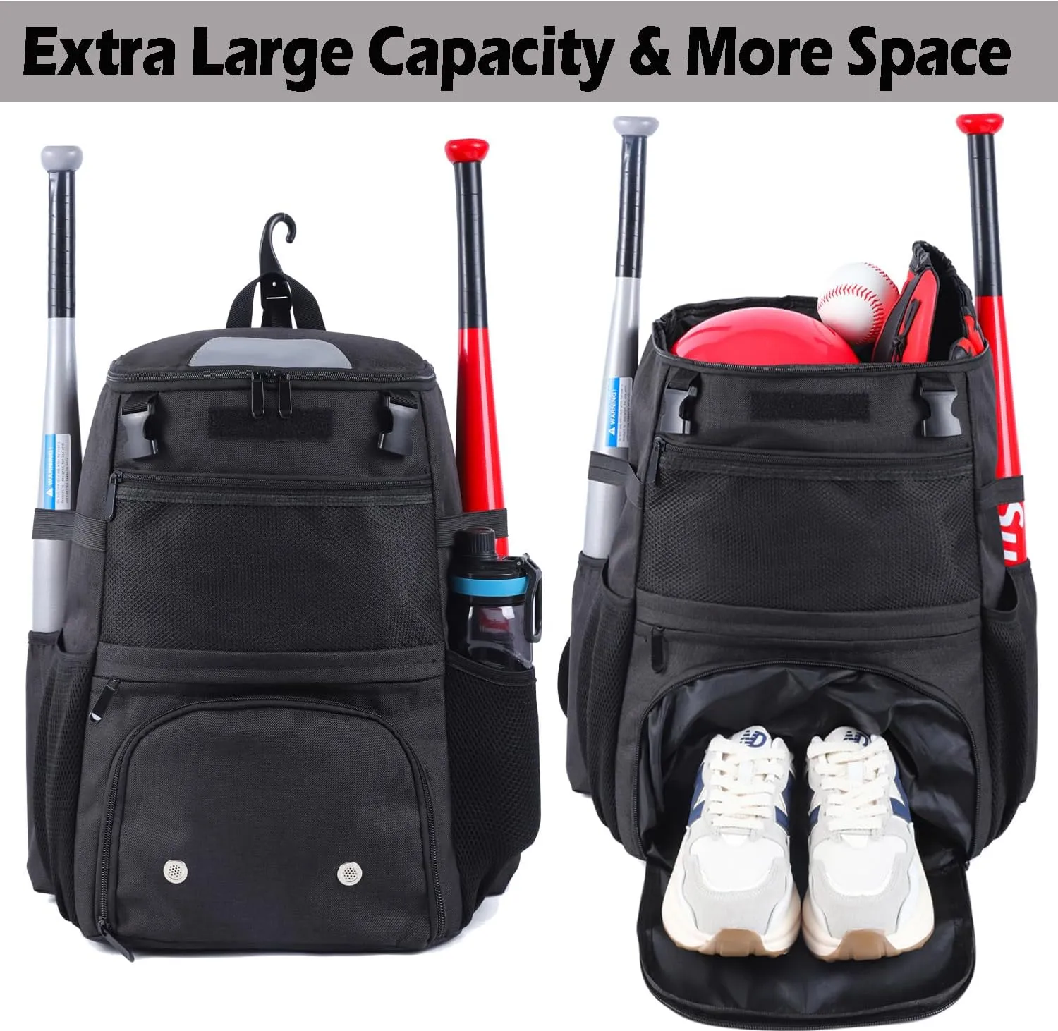 Baseball Backpack, Softball bag & T-Ball with Shoes Compartment for Youth, Boys and Adult, Lightweight Baseball Bag with Fence Hook Hold TBall Bat, Batting Mitten, Helmet, Caps, Teeball Gear