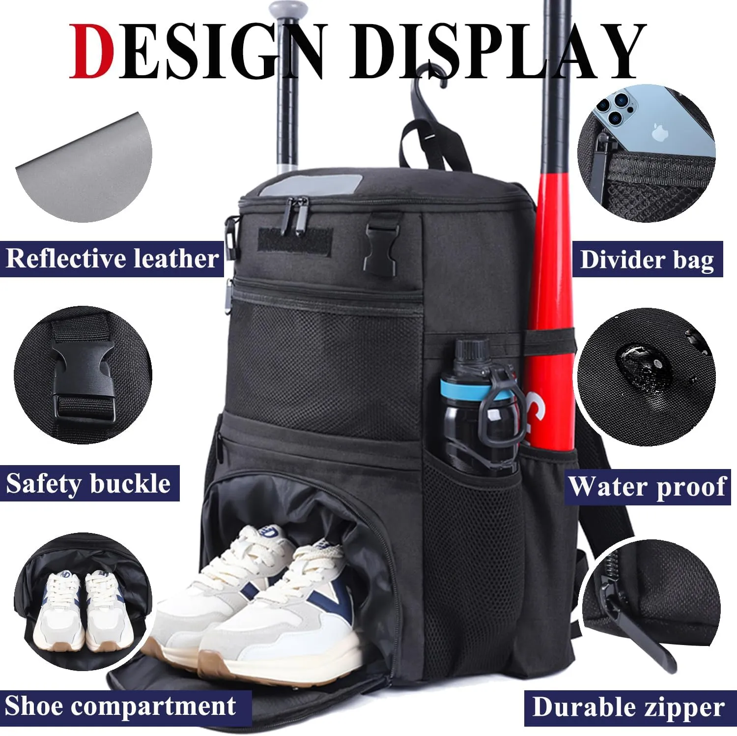 Baseball Backpack, Softball bag & T-Ball with Shoes Compartment for Youth, Boys and Adult, Lightweight Baseball Bag with Fence Hook Hold TBall Bat, Batting Mitten, Helmet, Caps, Teeball Gear