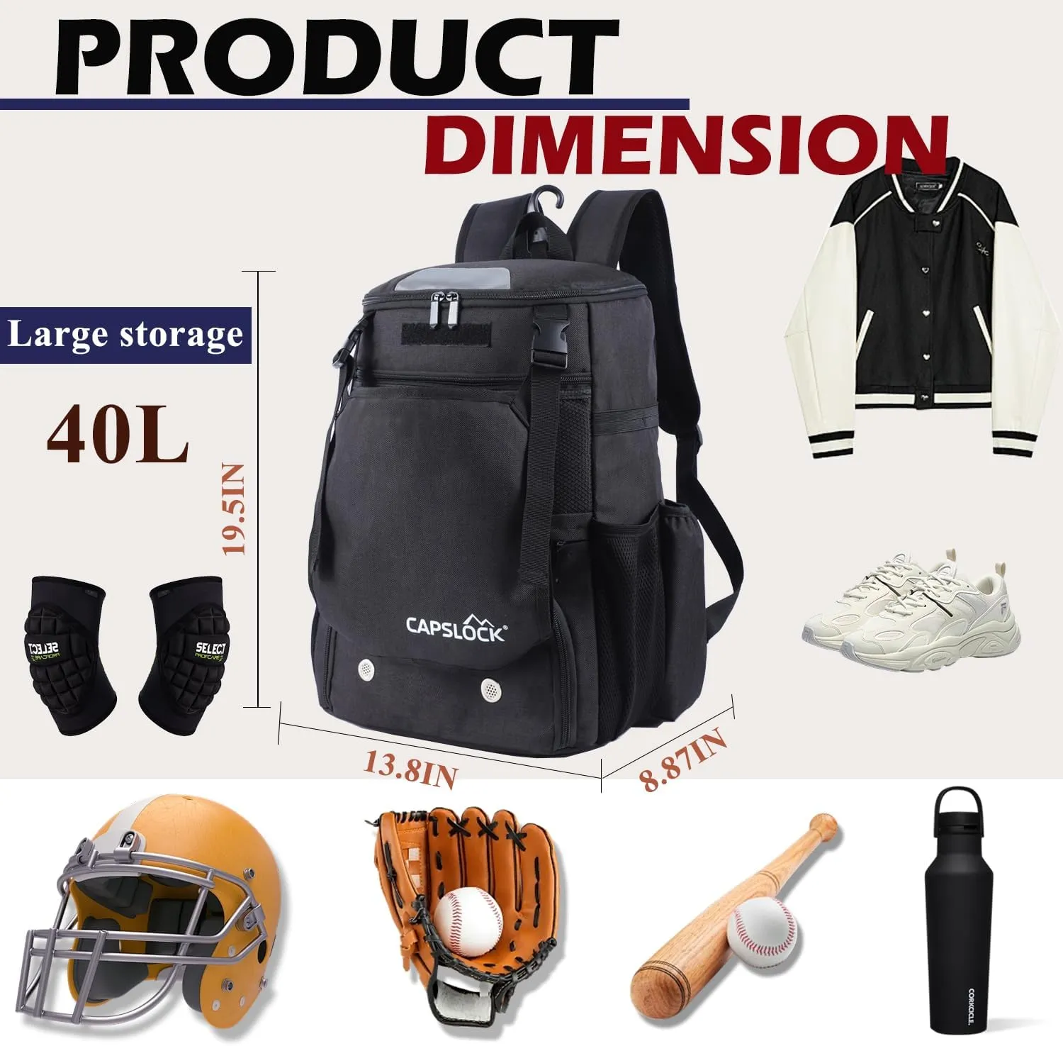 Baseball Backpack, Softball bag & T-Ball with Shoes Compartment for Youth, Boys and Adult, Lightweight Baseball Bag with Fence Hook Hold TBall Bat, Batting Mitten, Helmet, Caps, Teeball Gear