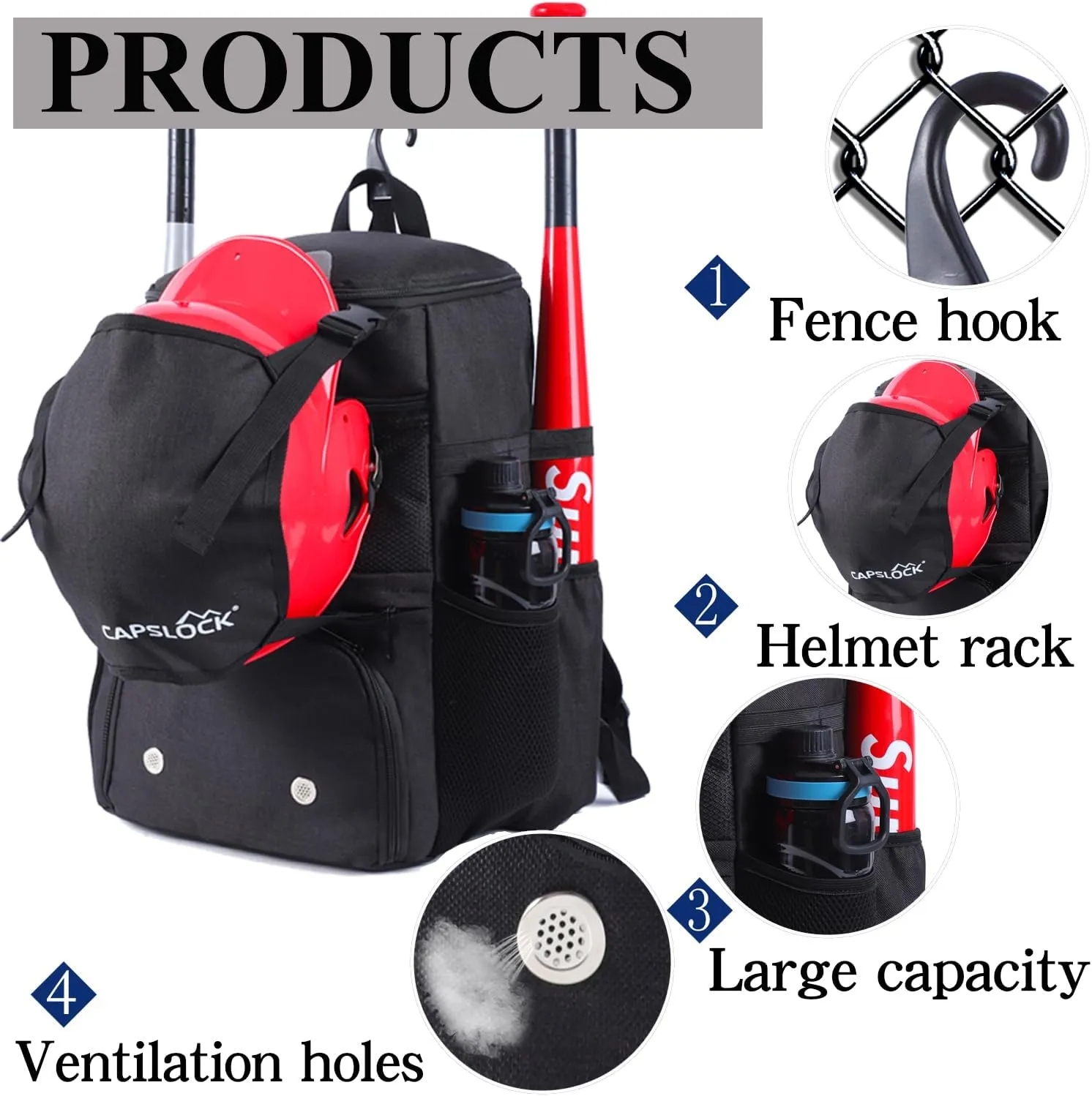 Baseball Backpack, Softball bag & T-Ball with Shoes Compartment for Youth, Boys and Adult, Lightweight Baseball Bag with Fence Hook Hold TBall Bat, Batting Mitten, Helmet, Caps, Teeball Gear