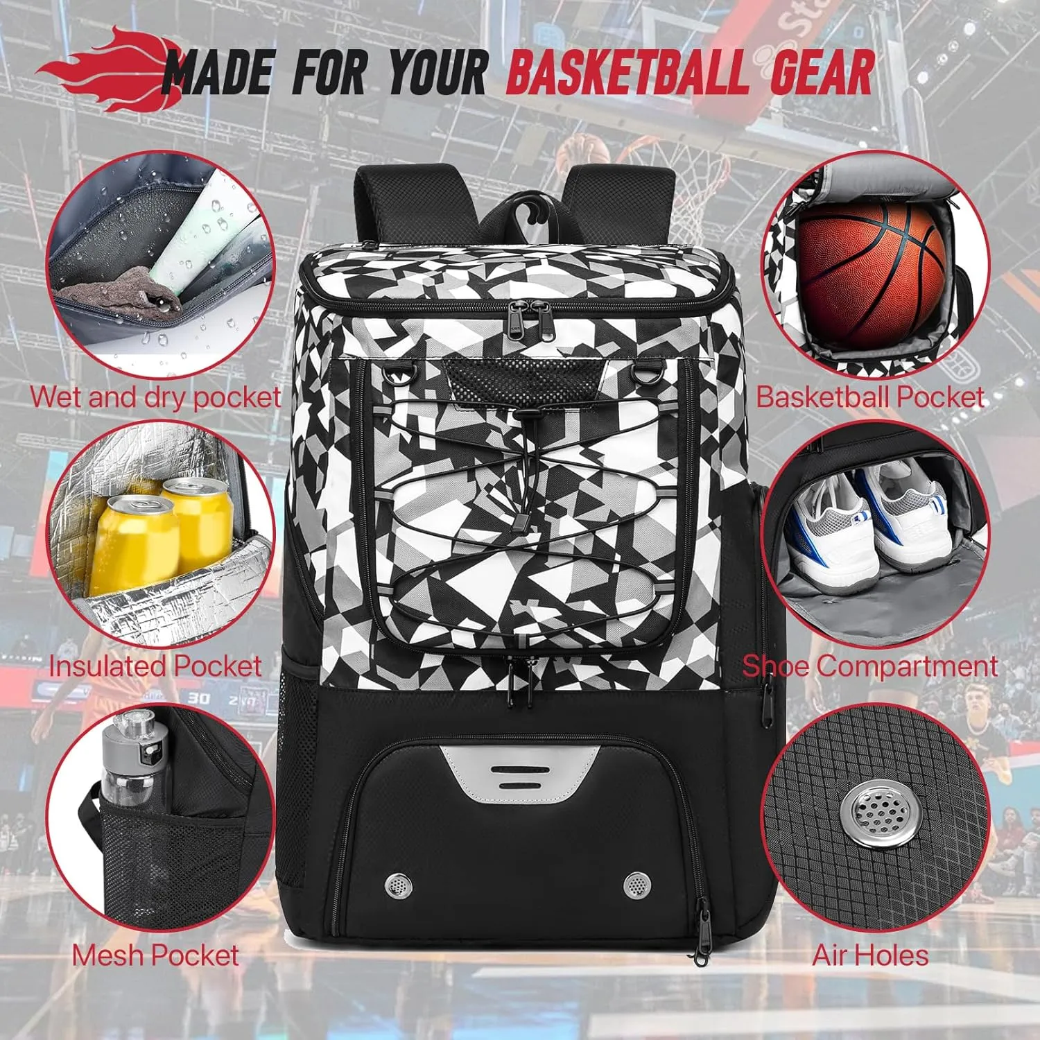Basketball Backpack, Basketball Bag with Separate Ball Holder & Shoes Compartment Water Resistant Sports Bag
