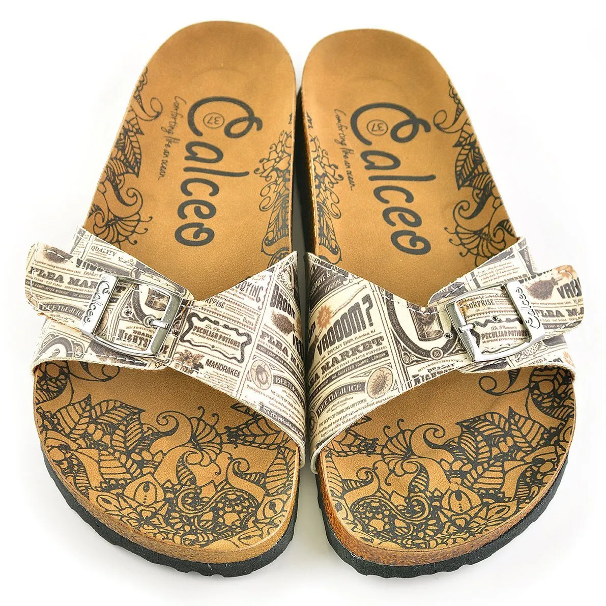 Beige and Black Newspaper Patterned Sandal - CAL905