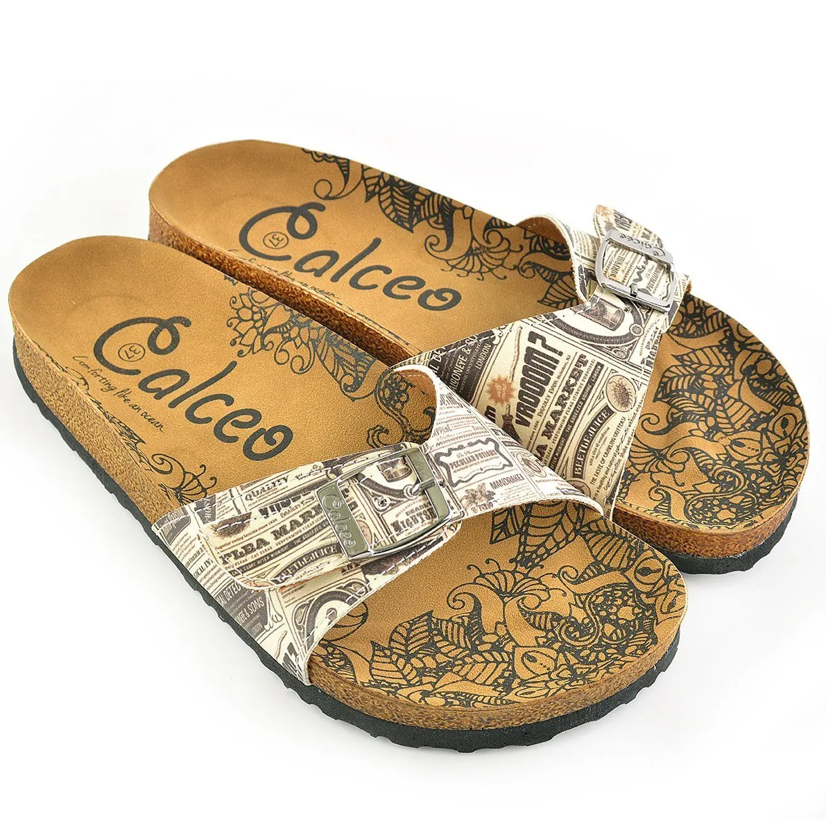 Beige and Black Newspaper Patterned Sandal - CAL905