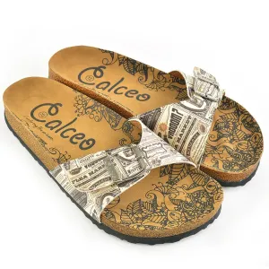 Beige and Black Newspaper Patterned Sandal - CAL905