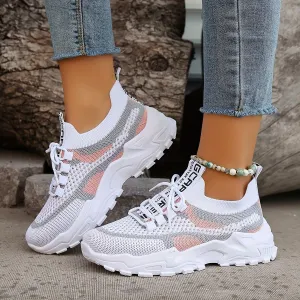 [Breathable Mesh Platform Sneakers] Women's Breathable Mesh Platform Sneakers, Casual Lace Up Outdoor Shoes, Comfortable Low Top Sport Shoes Plus Size
