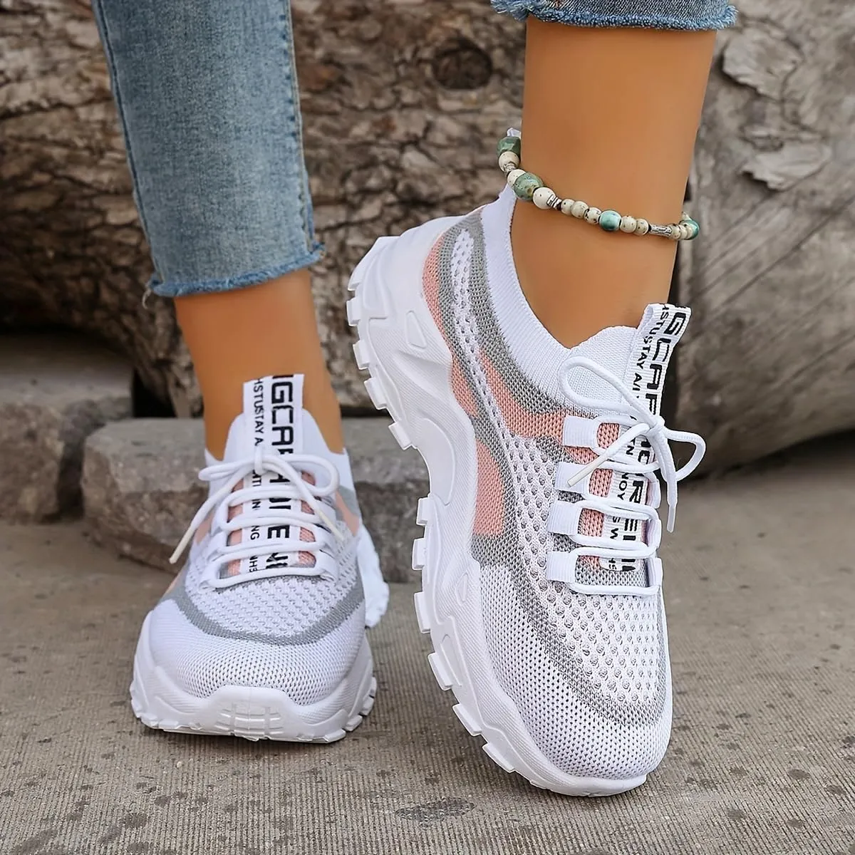 [Breathable Mesh Platform Sneakers] Women's Breathable Mesh Platform Sneakers, Casual Lace Up Outdoor Shoes, Comfortable Low Top Sport Shoes Plus Size