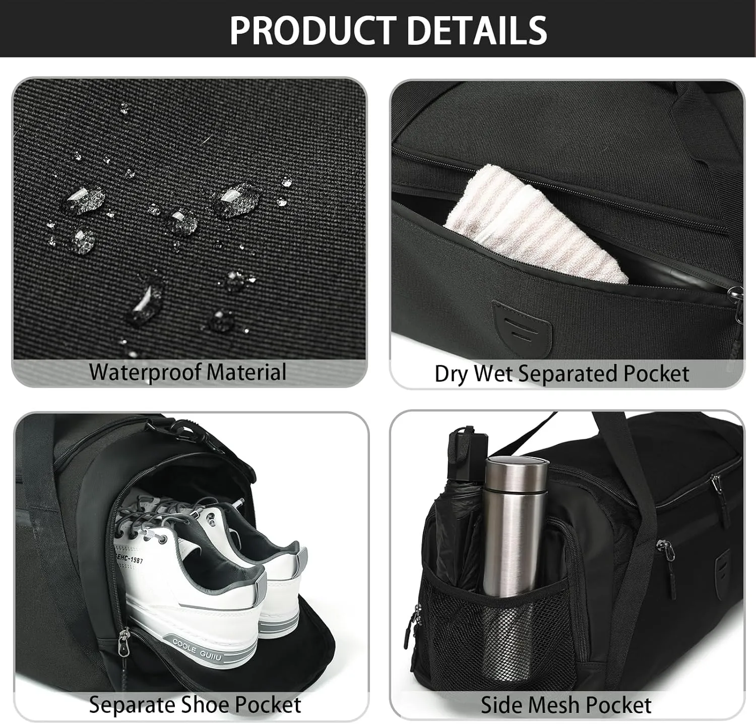 BSHG Gym Bags For Men & Women, Sports Duffel Bag For Men Travel, Weekend Overnight Bag With Shoe Compartment & Wet Pocket, Water Resistant Workout Duffle Bag Athletic Gym Bag Men B-GB-002-Black