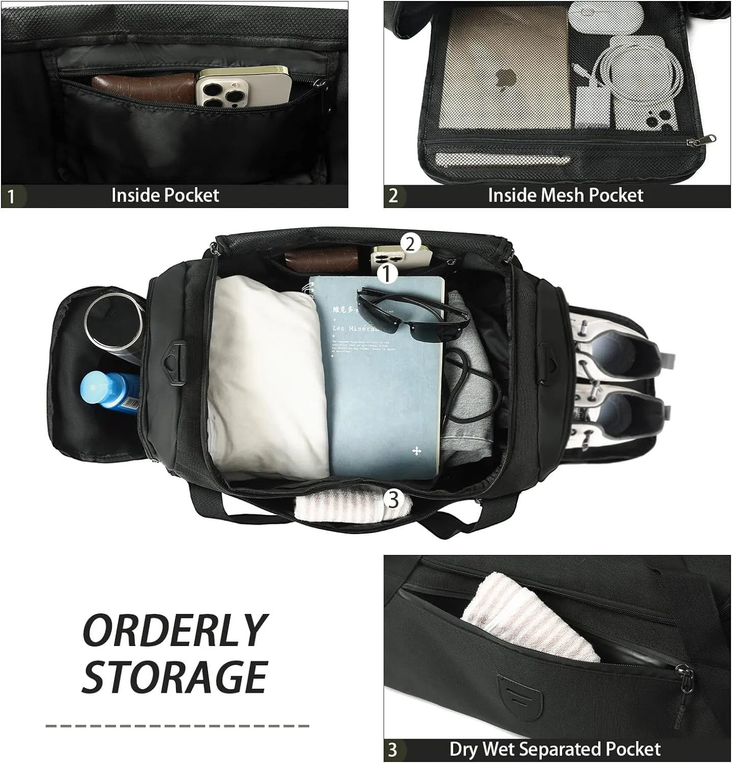 BSHG Gym Bags For Men & Women, Sports Duffel Bag For Men Travel, Weekend Overnight Bag With Shoe Compartment & Wet Pocket, Water Resistant Workout Duffle Bag Athletic Gym Bag Men B-GB-002-Black