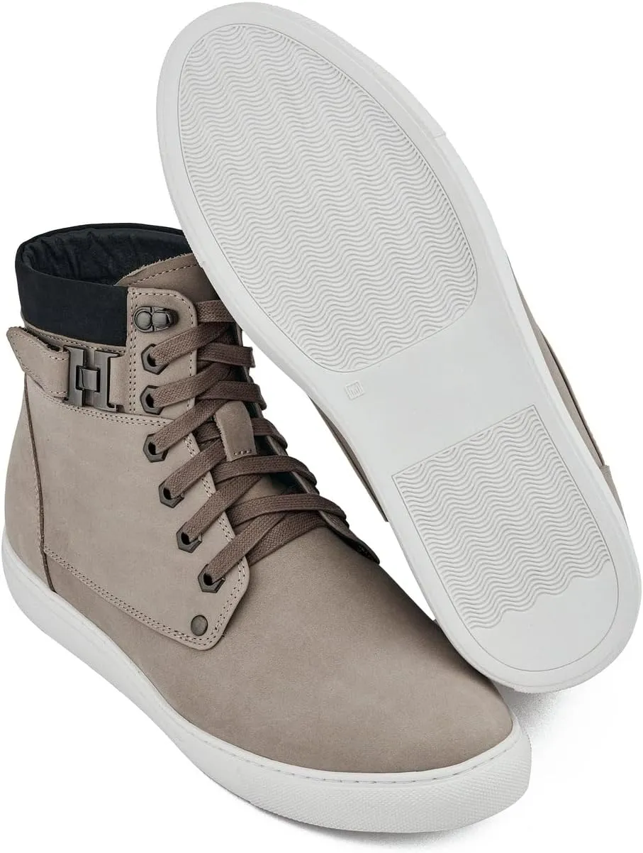 CALTO Men's Invisible Height Increasing Elevator Shoes - Taupe Nubuck Leather Lace-up Fashion Sneakers - 2.6 Inches Taller - T53122 - Size 10 D(M) US