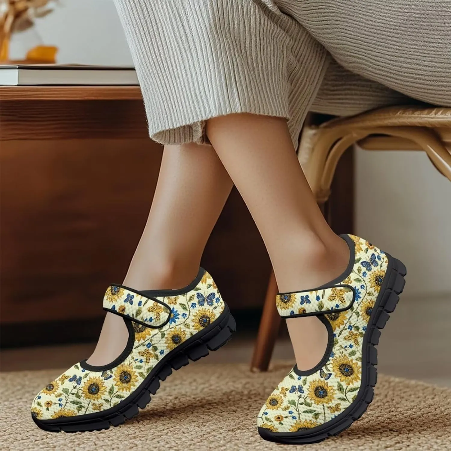 chaqlin Sunflower Mary Jane Ballet Flats Women Slip On Tennis Shoes with Single Buckle Lightweight Casual Walking Work Shoe Travel Comfy Sneaker