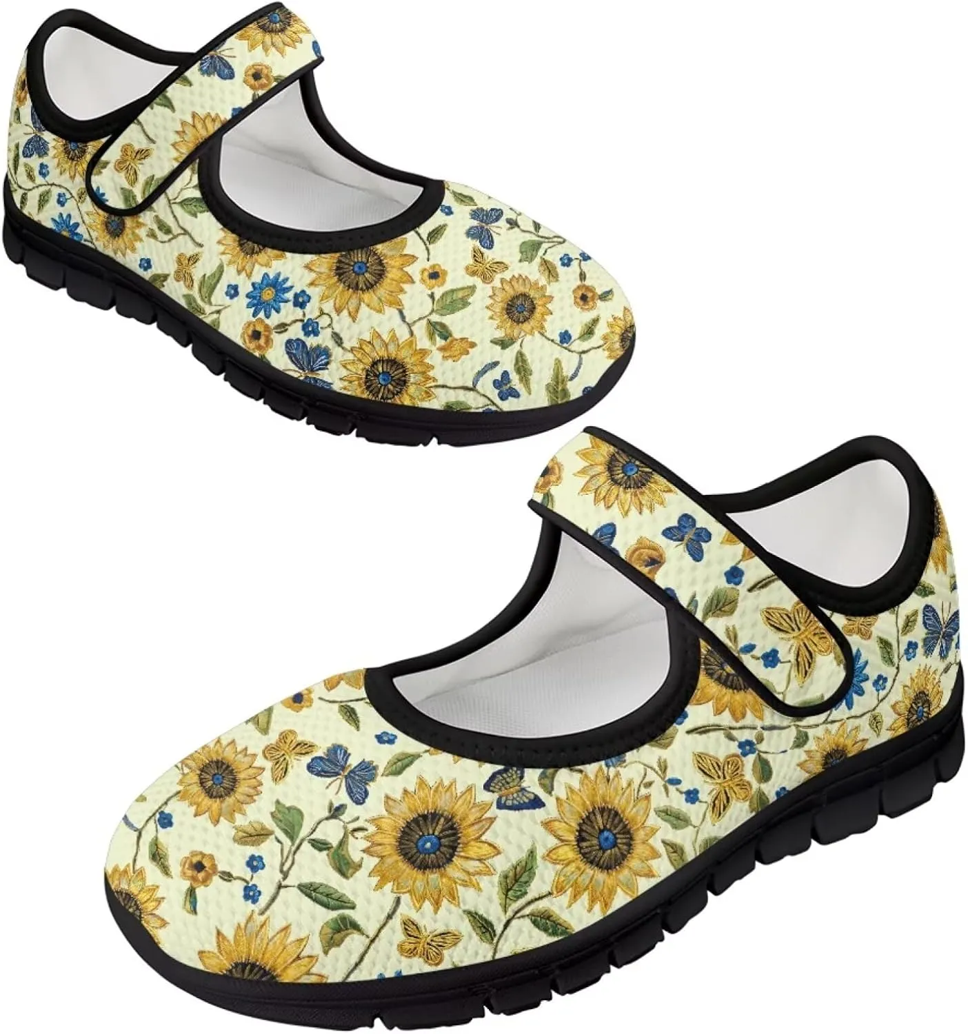 chaqlin Sunflower Mary Jane Ballet Flats Women Slip On Tennis Shoes with Single Buckle Lightweight Casual Walking Work Shoe Travel Comfy Sneaker