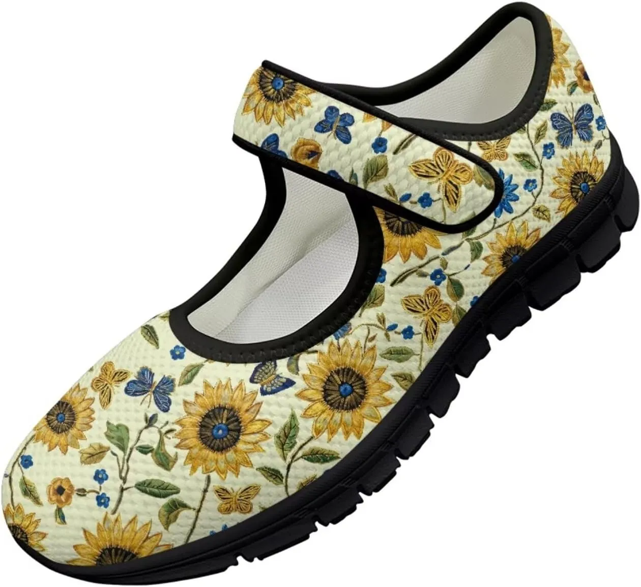 chaqlin Sunflower Mary Jane Ballet Flats Women Slip On Tennis Shoes with Single Buckle Lightweight Casual Walking Work Shoe Travel Comfy Sneaker