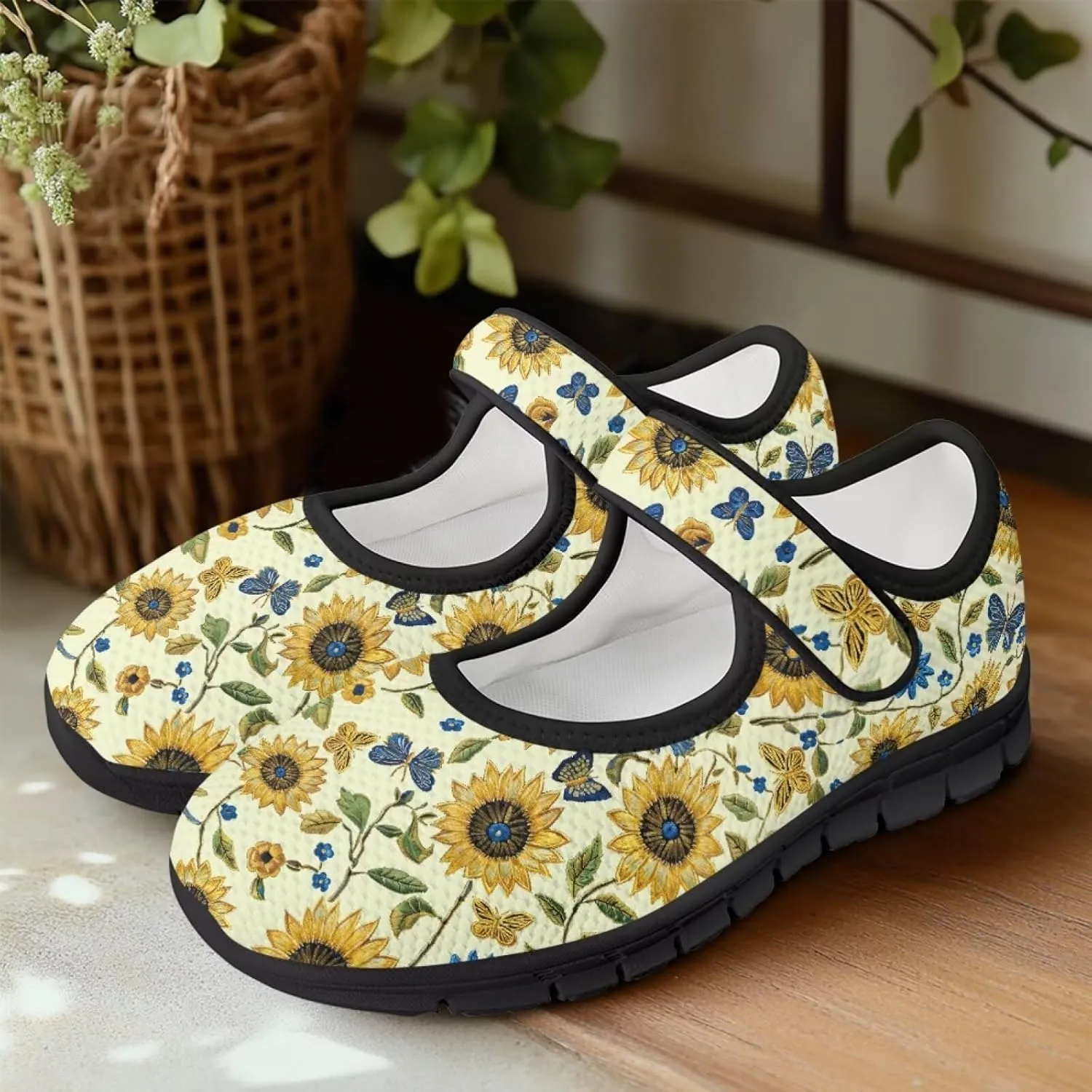 chaqlin Sunflower Mary Jane Ballet Flats Women Slip On Tennis Shoes with Single Buckle Lightweight Casual Walking Work Shoe Travel Comfy Sneaker