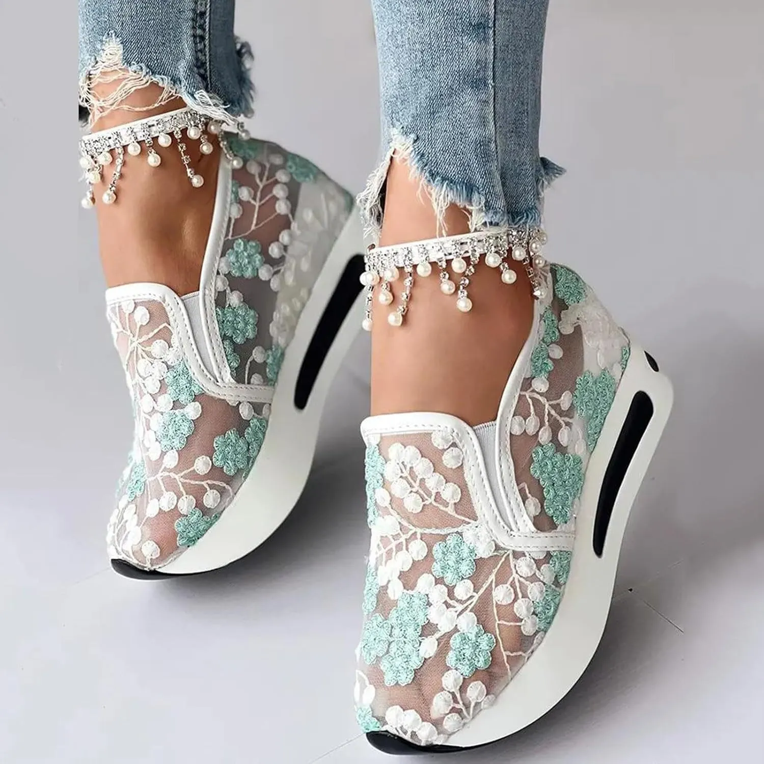 Fashion Sneakers for Women 2025, Floral Embroidery Breathable Sheer Mesh Lace Sneakers Slip on Sneakers Platform Wedge Sneakers Dressy Casual Walking Shoes (a-Green, 6.5)