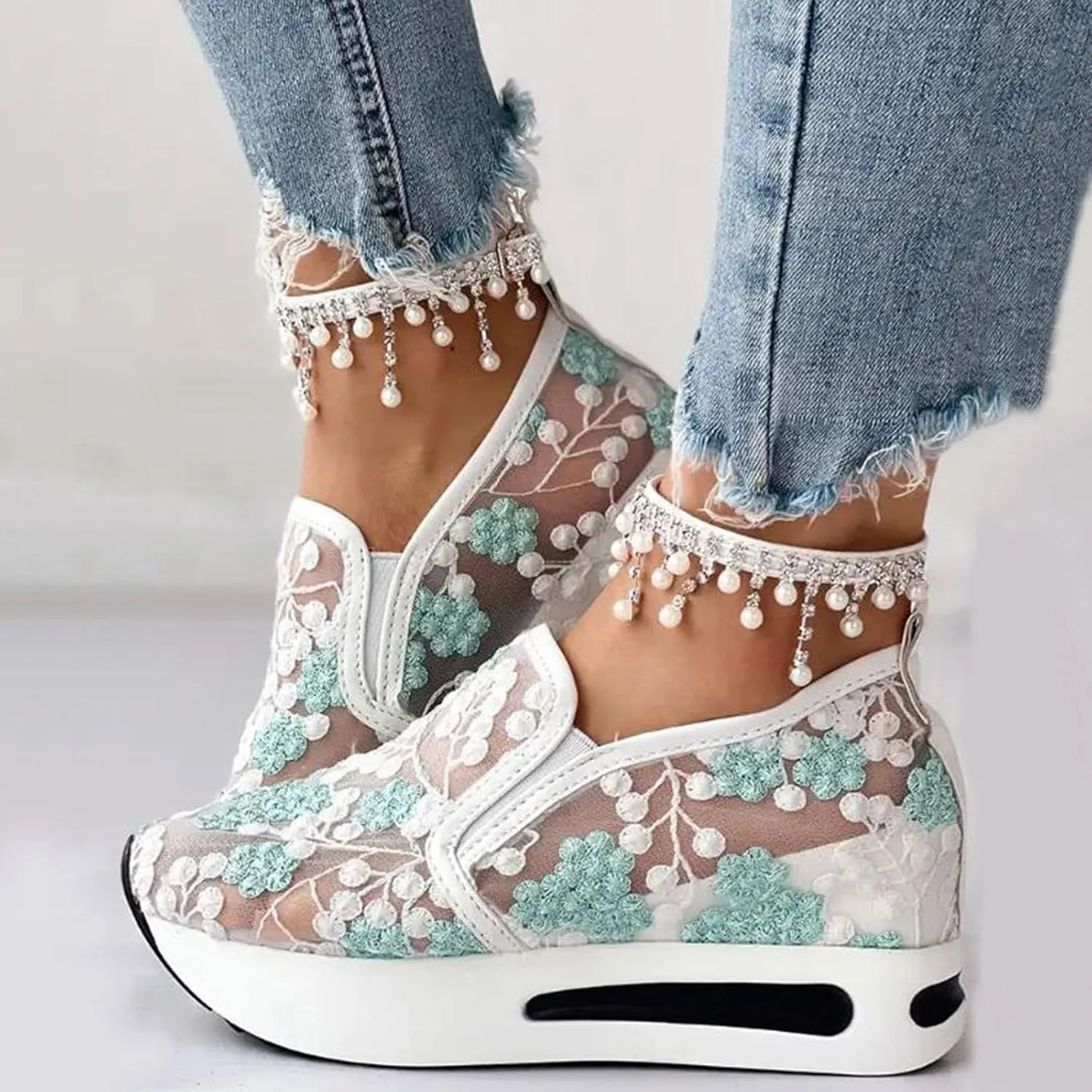 Fashion Sneakers for Women 2025, Floral Embroidery Breathable Sheer Mesh Lace Sneakers Slip on Sneakers Platform Wedge Sneakers Dressy Casual Walking Shoes (a-Green, 6.5)
