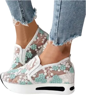 Fashion Sneakers for Women 2025, Floral Embroidery Breathable Sheer Mesh Lace Sneakers Slip on Sneakers Platform Wedge Sneakers Dressy Casual Walking Shoes (a-Green, 6.5)