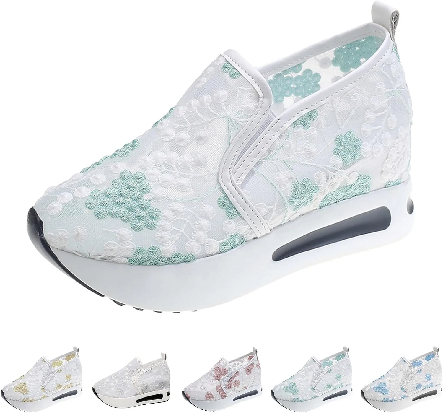 Fashion Sneakers for Women 2025, Floral Embroidery Breathable Sheer Mesh Lace Sneakers Slip on Sneakers Platform Wedge Sneakers Dressy Casual Walking Shoes (a-Green, 6.5)