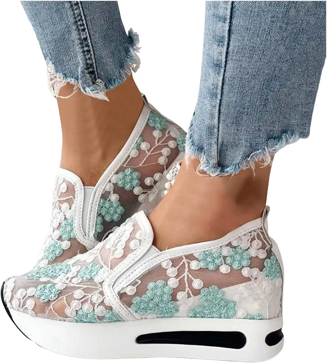 Fashion Sneakers for Women 2025, Floral Embroidery Breathable Sheer Mesh Lace Sneakers Slip on Sneakers Platform Wedge Sneakers Dressy Casual Walking Shoes (a-Green, 6.5)