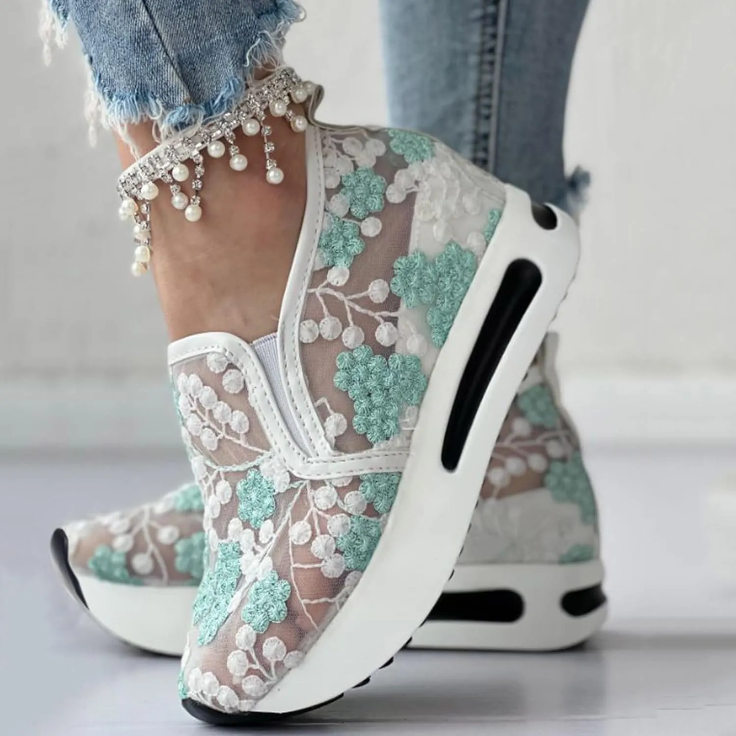 Fashion Sneakers for Women 2025, Floral Embroidery Breathable Sheer Mesh Lace Sneakers Slip on Sneakers Platform Wedge Sneakers Dressy Casual Walking Shoes (a-Green, 6.5)
