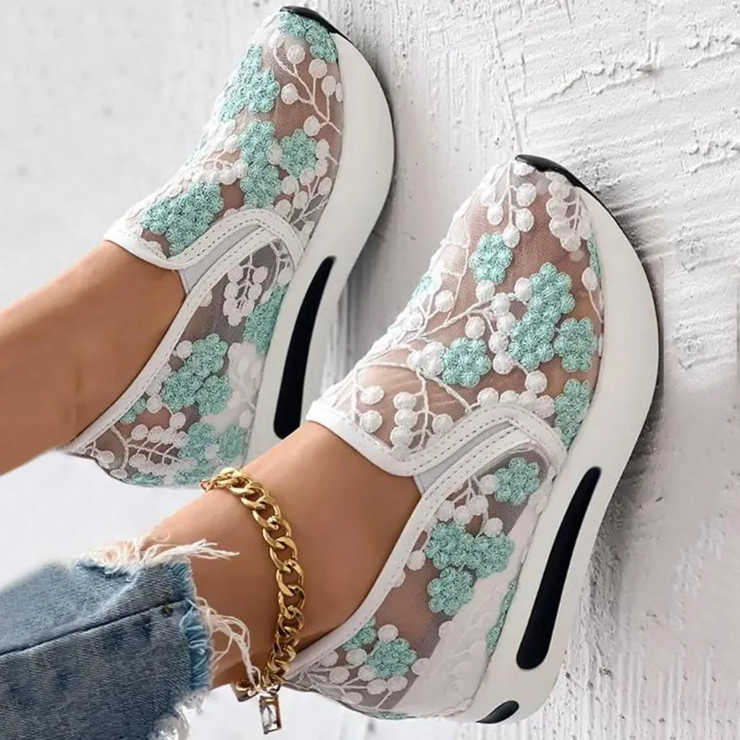 Fashion Sneakers for Women 2025, Floral Embroidery Breathable Sheer Mesh Lace Sneakers Slip on Sneakers Platform Wedge Sneakers Dressy Casual Walking Shoes (a-Green, 6.5)