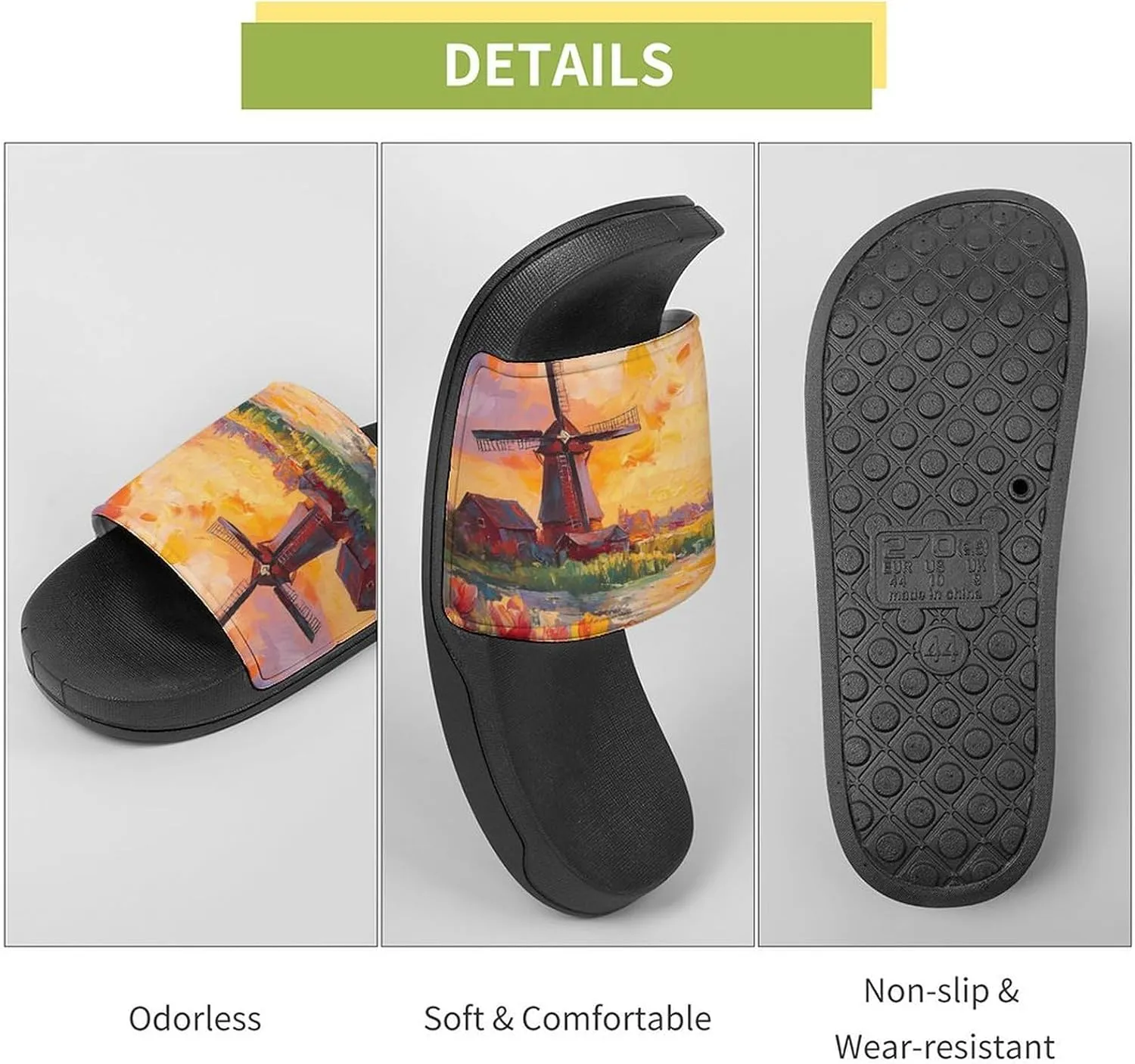 Field Of Tulips And Windmill Shower Sandals Home Slippers Non-Slip Quick Drying Beach Bathroom Slipper
