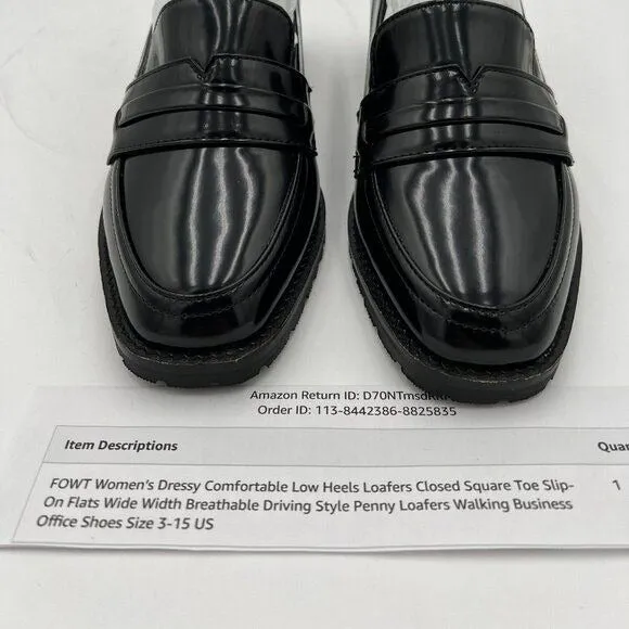 FOWT Black Dressy Comfortable Low Heels Loafers Square Toe Office Shoes