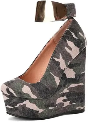 Frankie Hsu Sexy Platform Wedge Sandal, Camouflage Fabric Metal Ankle Strap heeled Sandal, Large Big Size Denim High Heeled Shoes For Women