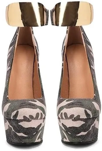 Frankie Hsu Sexy Platform Wedge Sandal, Camouflage Fabric Metal Ankle Strap heeled Sandal, Large Big Size Denim High Heeled Shoes For Women