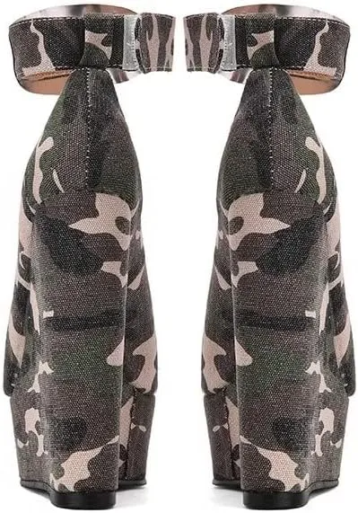 Frankie Hsu Sexy Platform Wedge Sandal, Camouflage Fabric Metal Ankle Strap heeled Sandal, Large Big Size Denim High Heeled Shoes For Women