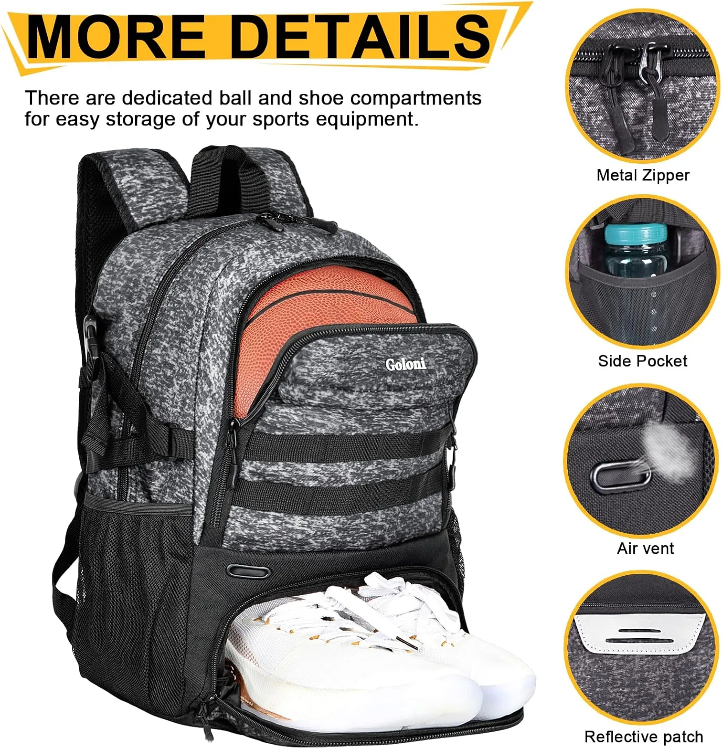 Goloni Basketball Backpack,Large Basketball Bag with Ball Compartment & Shoe Compartment,Sports Bag Fit Volleyball, soccer