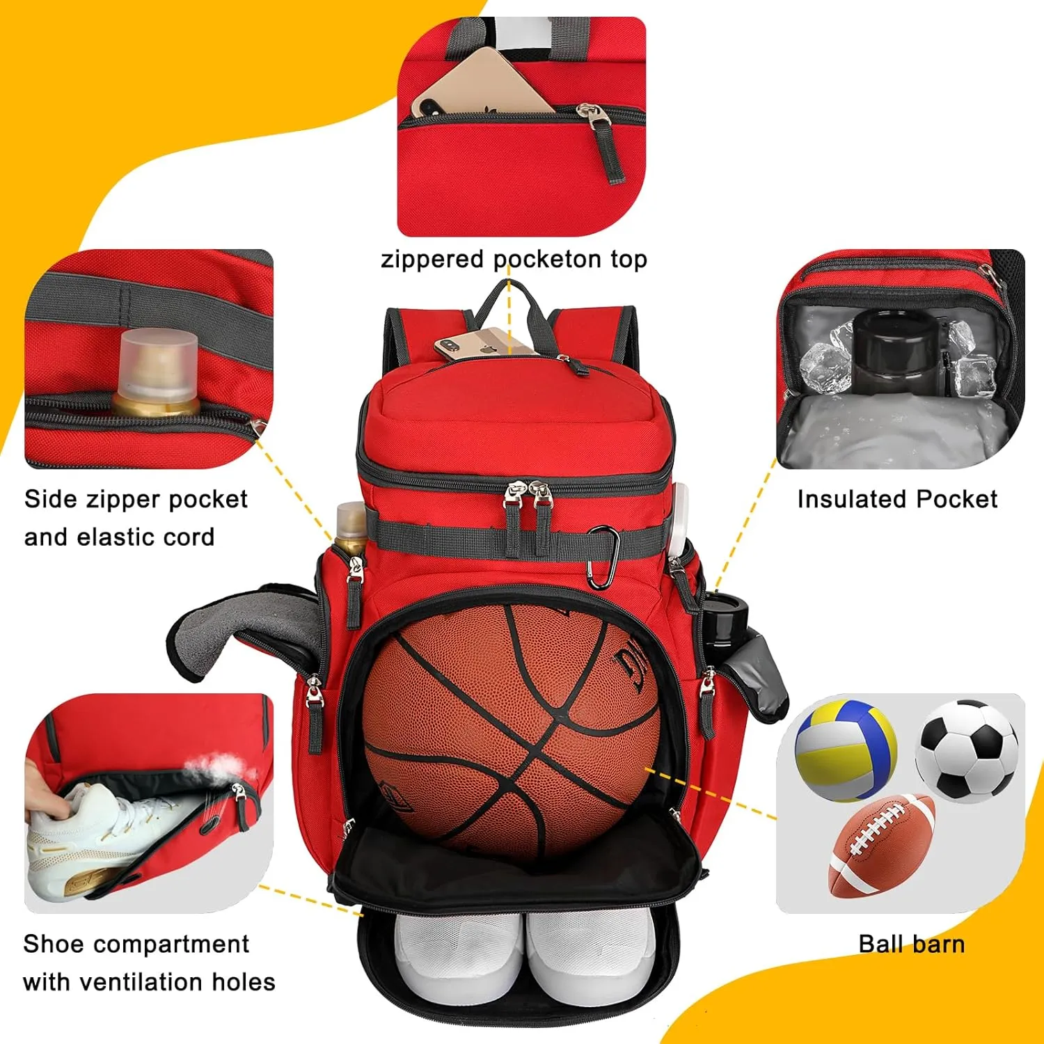 Goloni Basketball Backpack,Large Sports Bag with Ball Compartment & Shoe Compartment for Basketball, Soccer, Volleyball,Gym
