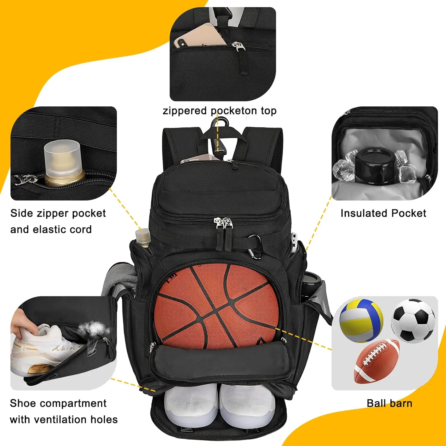 Goloni Basketball Backpack,Large Sports Bag with Ball Compartment & Shoe Compartment for Basketball, Soccer, Volleyball,Gym