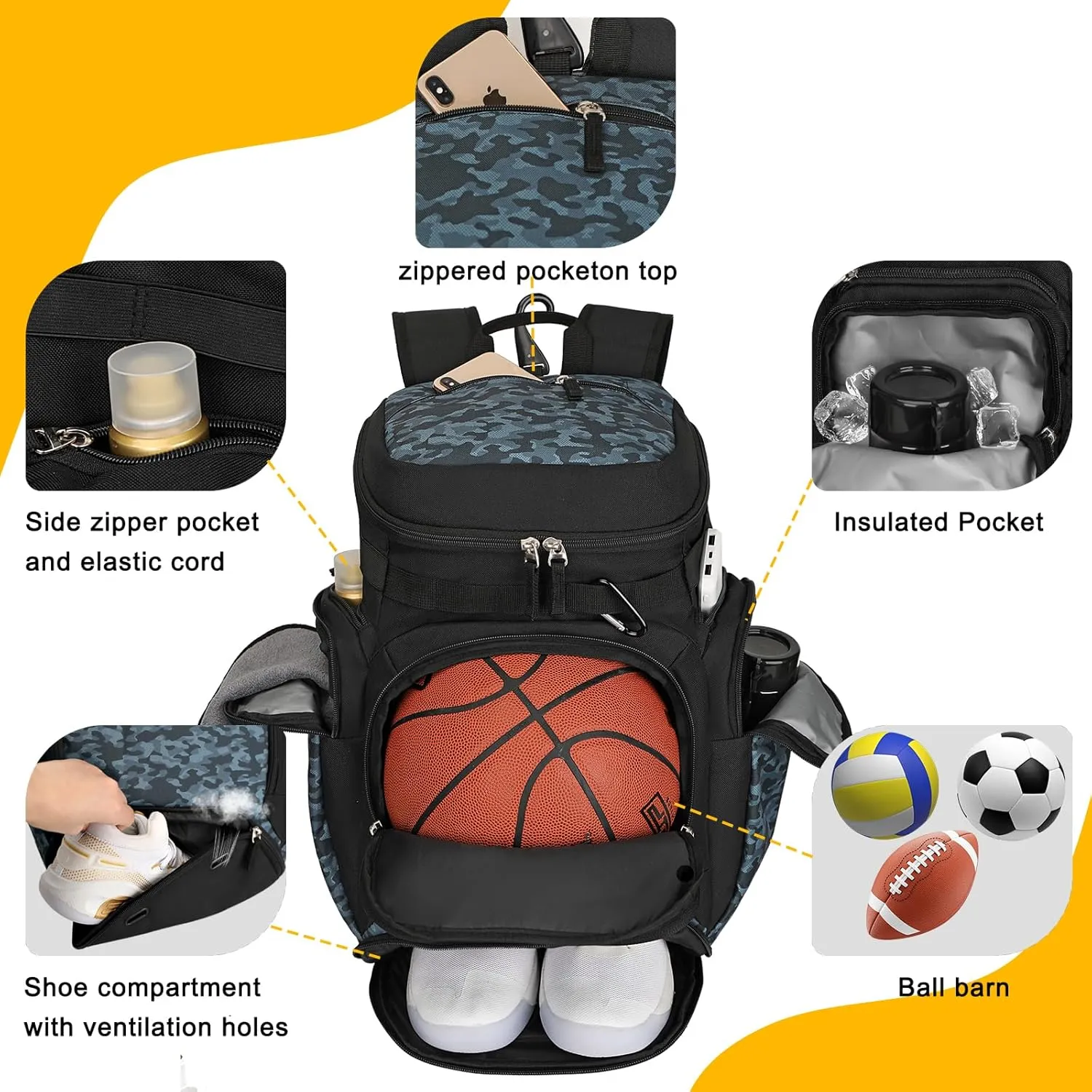 Goloni Basketball Backpack,Large Sports Bag with Ball Compartment & Shoe Compartment for Basketball, Soccer, Volleyball,Gym