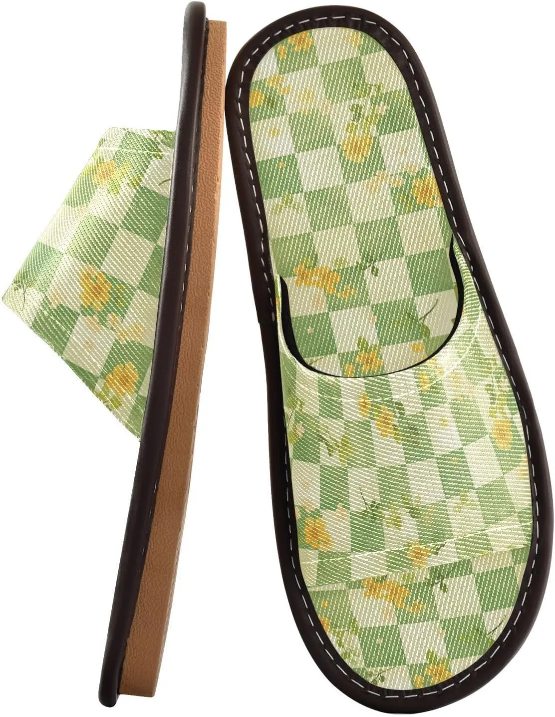 Green Yellow Flowers Checkeds Women Men's Bathroom Shower Slippers Washable Dorm Home Slides for Home Bedroom Beach