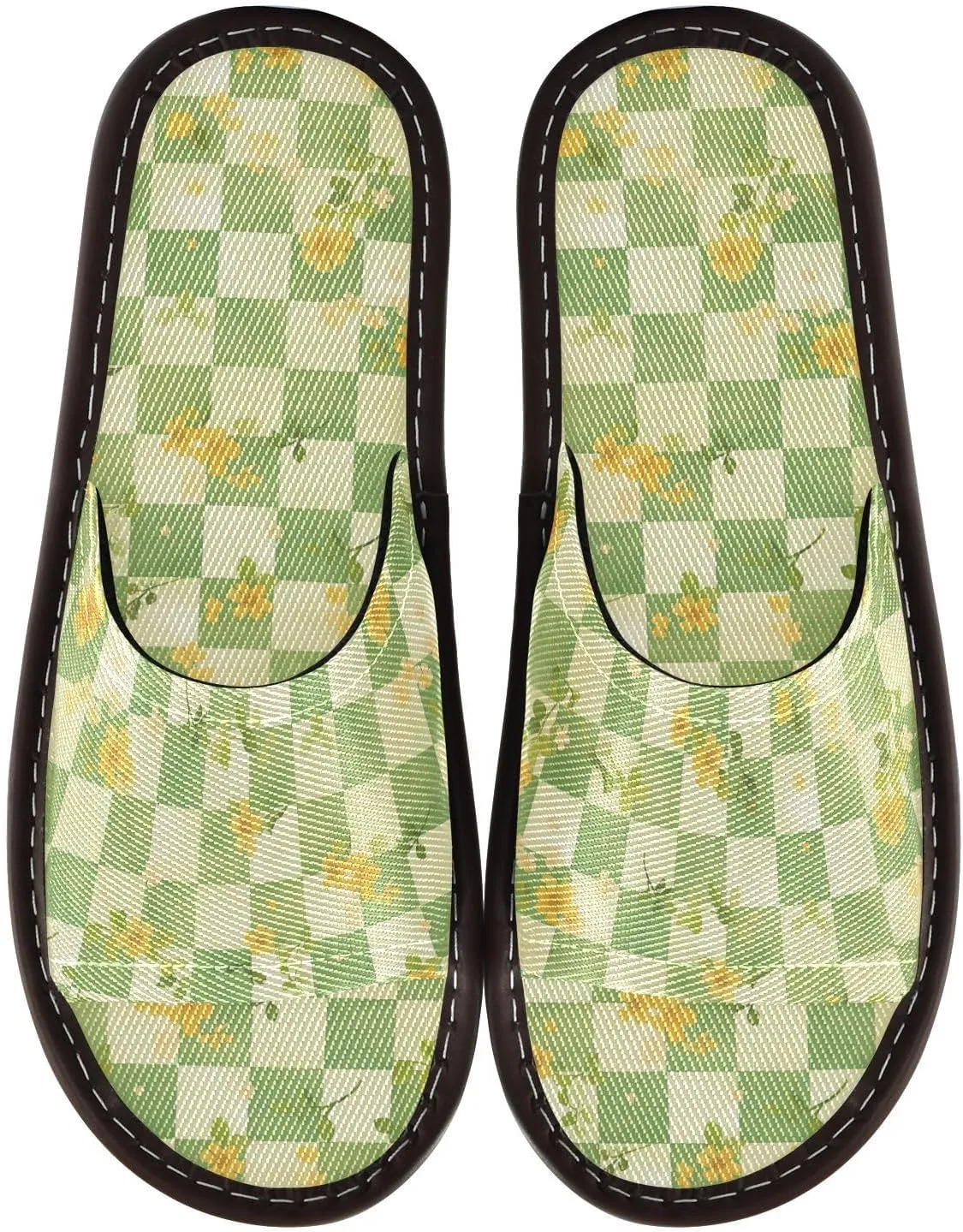 Green Yellow Flowers Checkeds Women Men's Bathroom Shower Slippers Washable Dorm Home Slides for Home Bedroom Beach