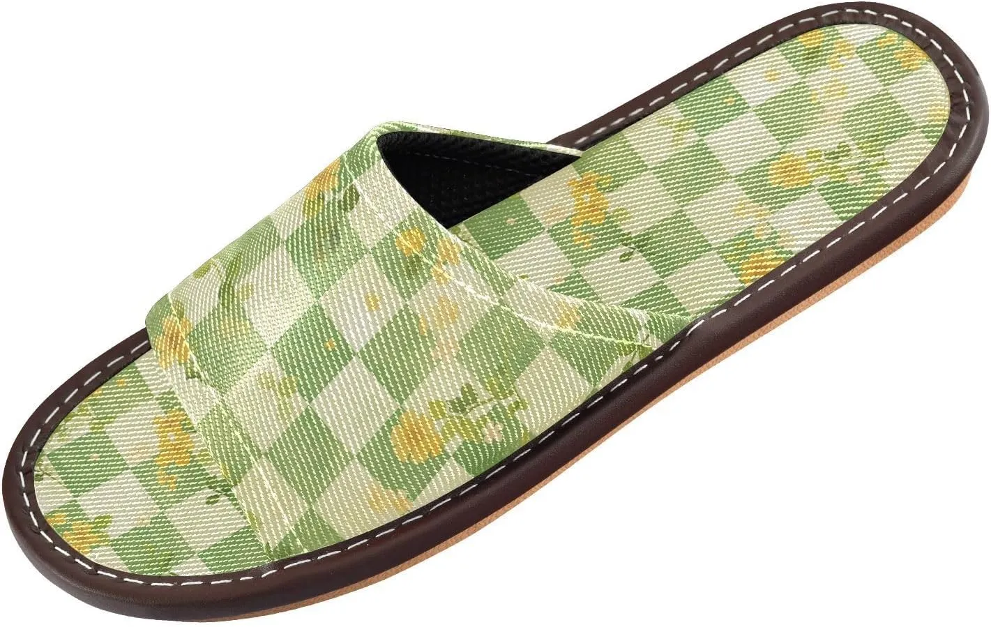 Green Yellow Flowers Checkeds Women Men's Bathroom Shower Slippers Washable Dorm Home Slides for Home Bedroom Beach