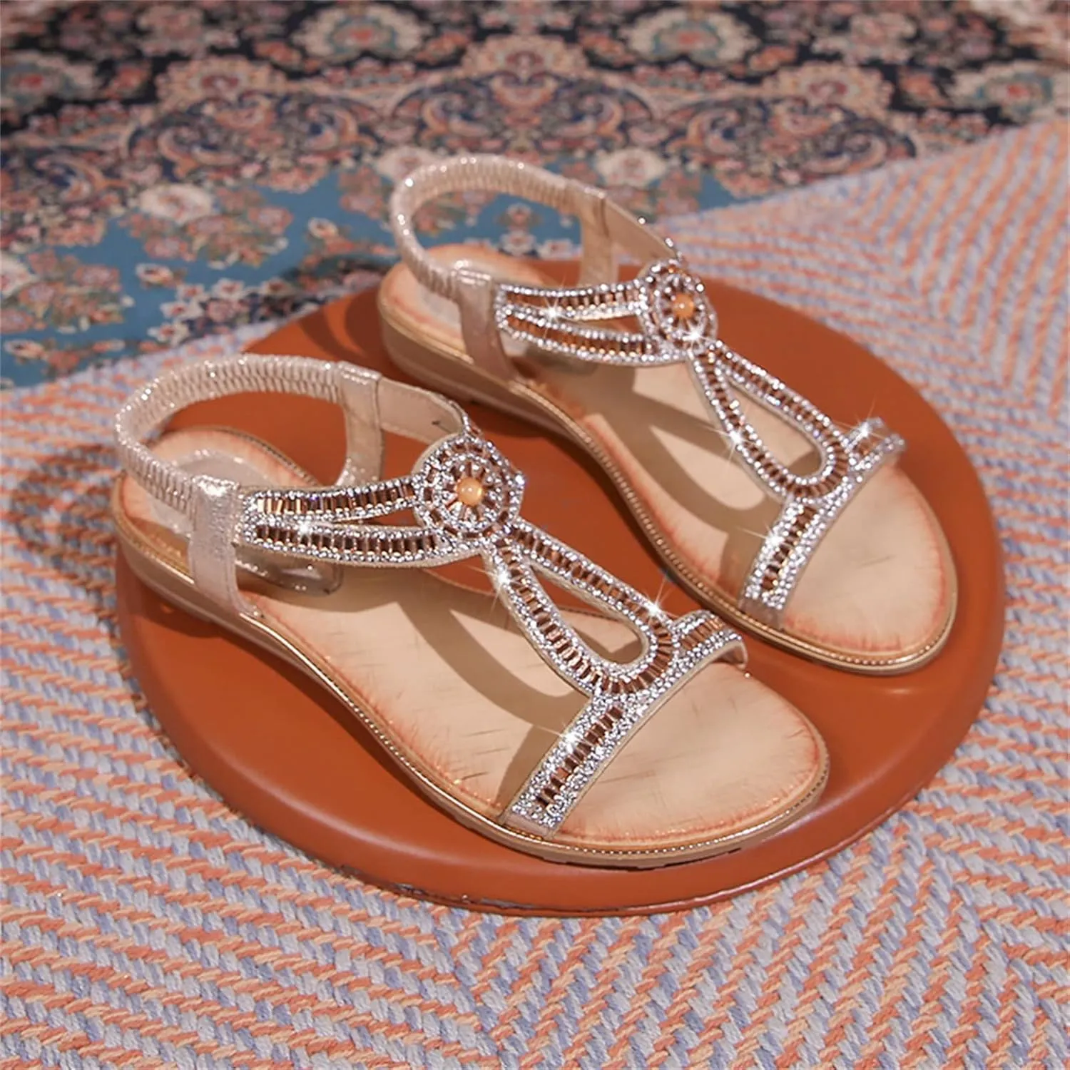 Ladies Summer Fashion Hollow Rhinestone Flat Bottom Bohemian Comfortable Large Size Womens Leopard Print Sandals Size 8