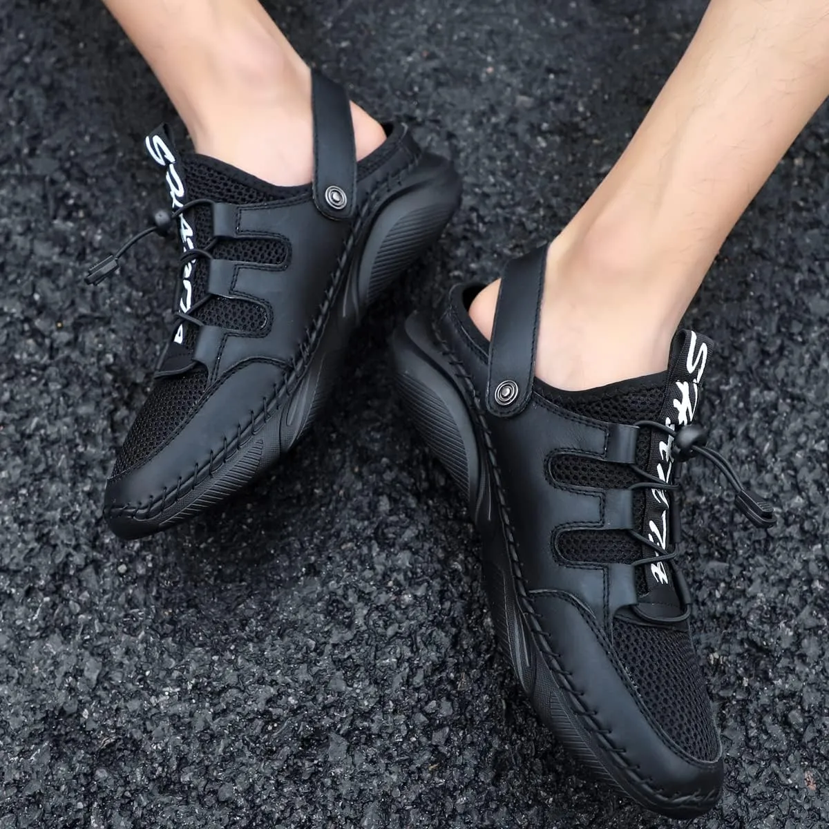 Mens Sandals with Arch Support Plantar Fasciitis Slip On Sport Slides Comfy Leather Shoes Outdoor Indoor Adjustable Straps