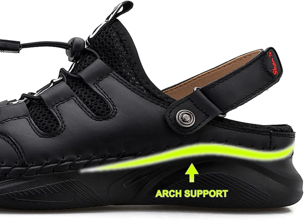 Mens Sandals with Arch Support Plantar Fasciitis Slip On Sport Slides Comfy Leather Shoes Outdoor Indoor Adjustable Straps