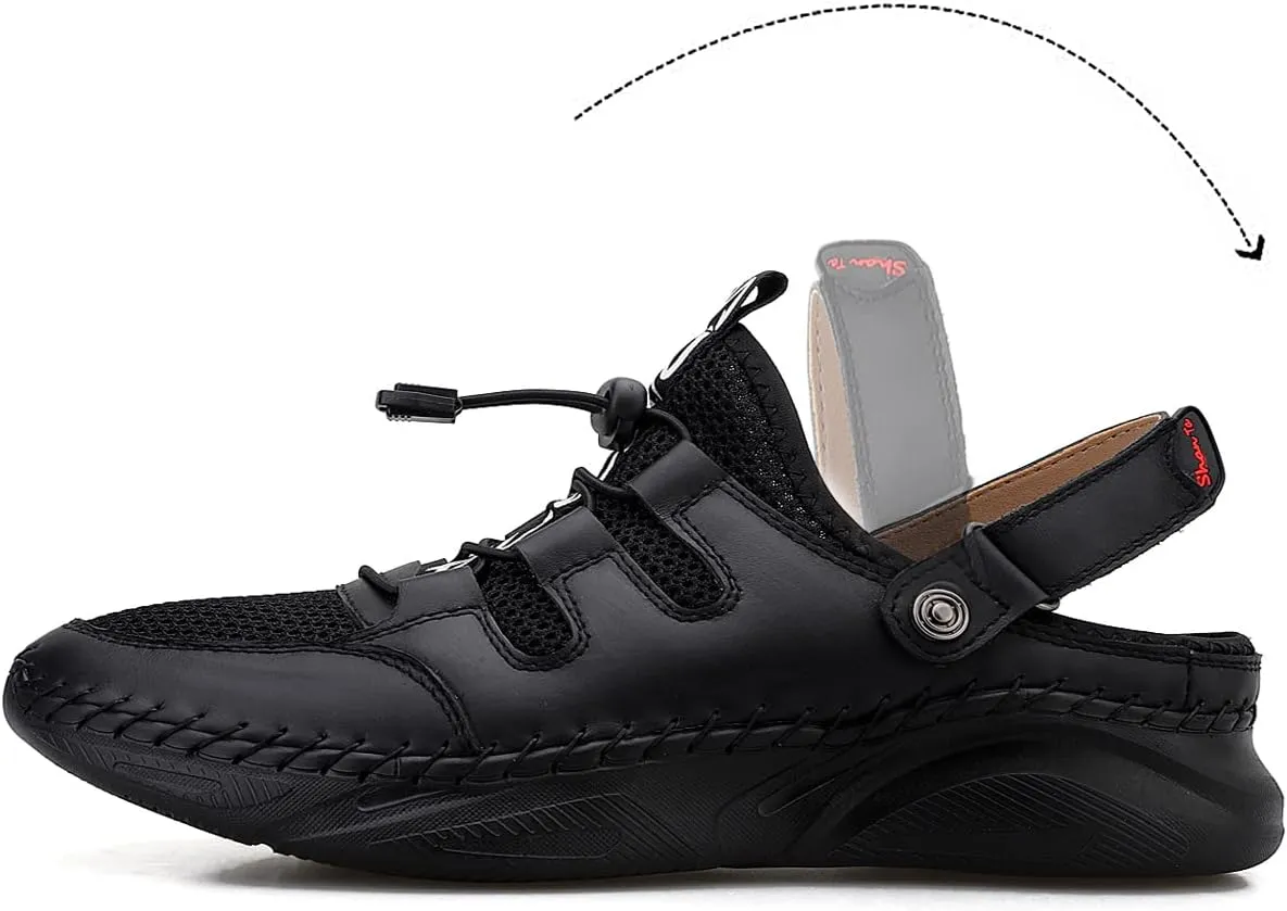 Mens Sandals with Arch Support Plantar Fasciitis Slip On Sport Slides Comfy Leather Shoes Outdoor Indoor Adjustable Straps