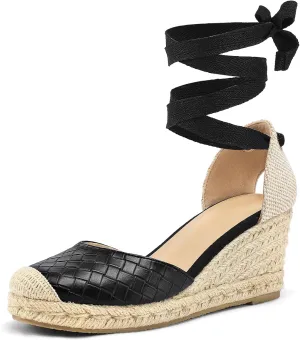 mysoft Women's Espadrille Platform Wedge Sandals Closed Toe Ankle Strap Lace up Summer Shoes