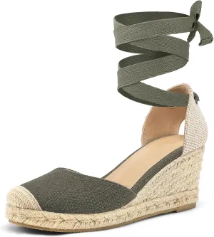 mysoft Women's Espadrille Platform Wedge Sandals Closed Toe Ankle Strap Lace up Summer Shoes