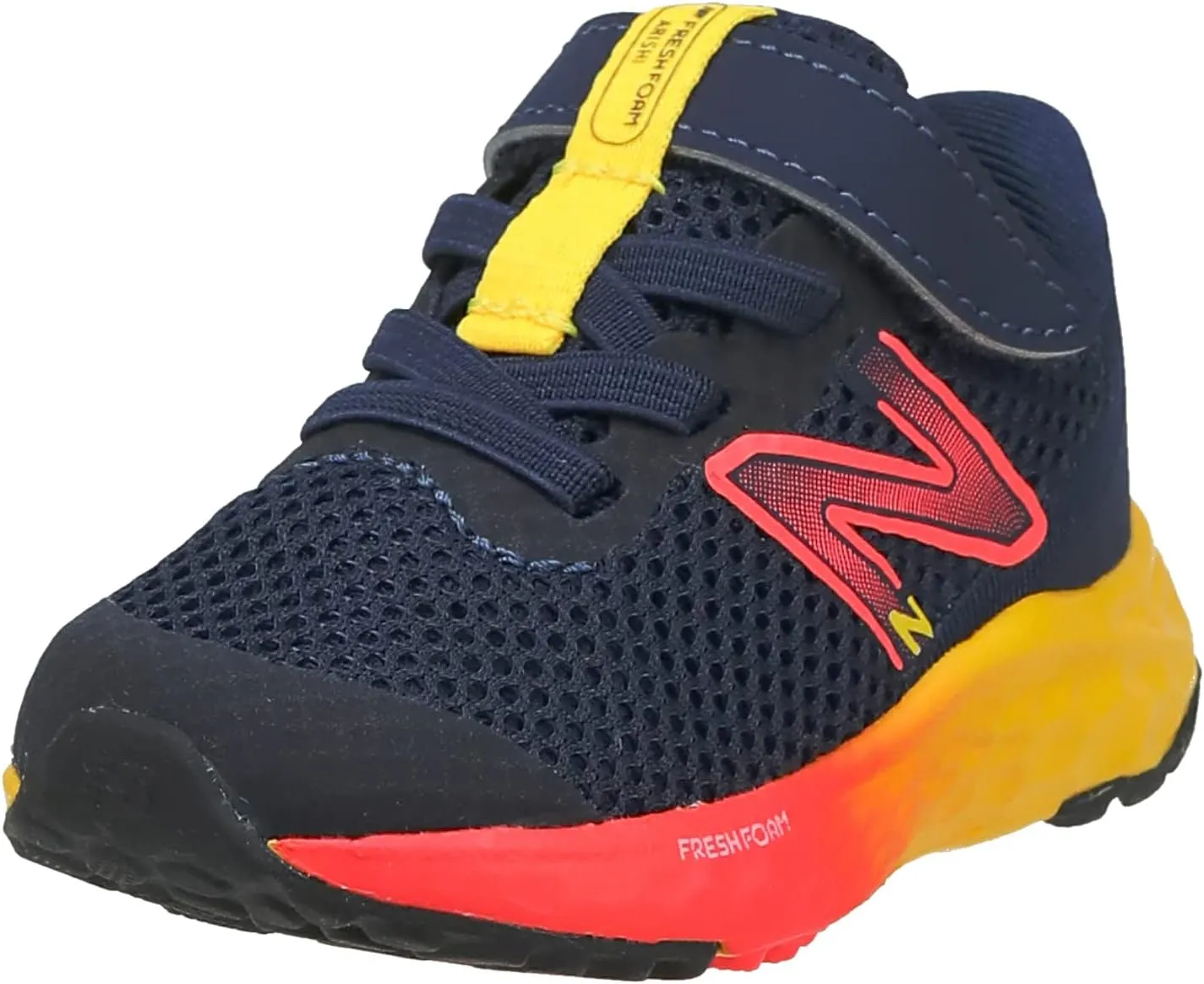 New Balance Boy's Fresh Foam Arishi V4 Hook and Loop Running Shoe, Team Navy/Electric Red/Egg Yolk, 2 Wide Little Kid