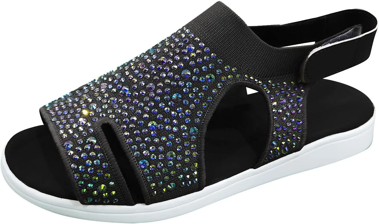 oiangi Rhinestone Sandals for Women Dressy Wedge Heel Stretch Knitted Hook and Loop Hook and Loop Hollow Breathable Slingback Sandals Summer Casual Open Toe Shoes